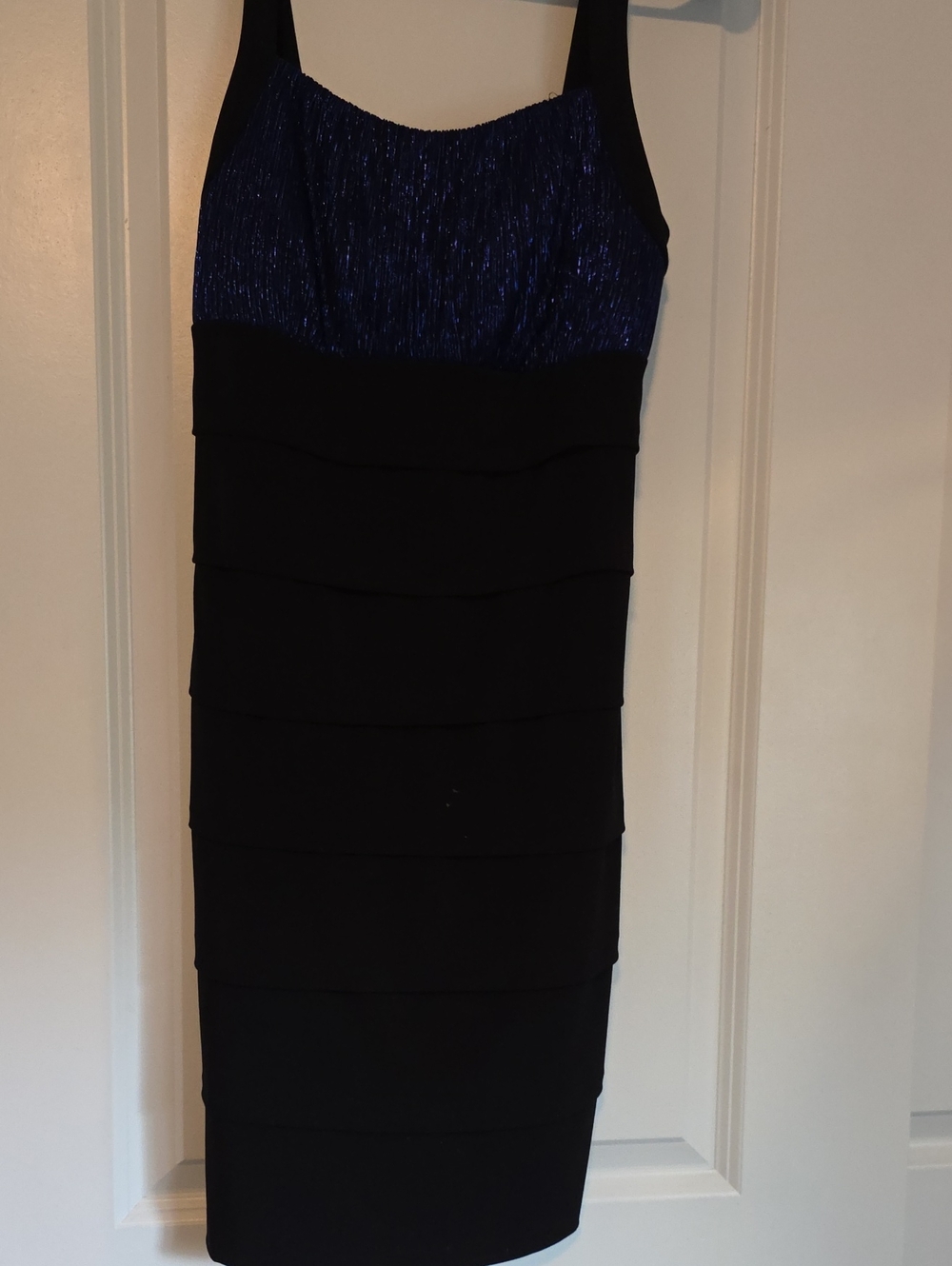 Sweet Storm Navy Shimmer and Black Tiered Midi Dress